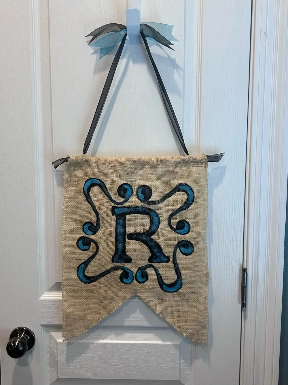 Custom Painted Burlap Banner Initial Letter “R” Wall Hanging with Ribbon Accent